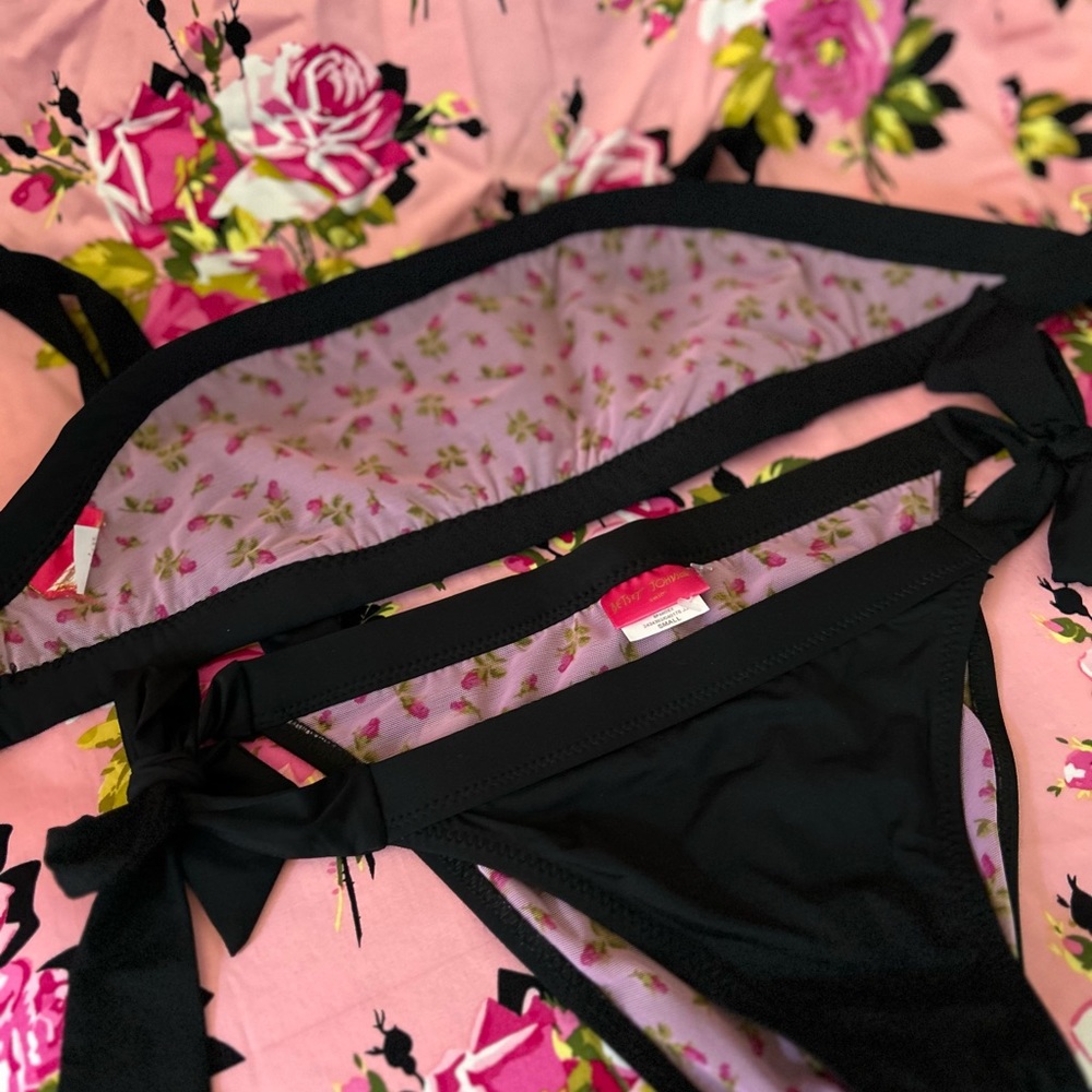 Betsey Johnson vintage black sequin bow bikini swimsuit cabaret burlesque goth - Picture 5 of 11